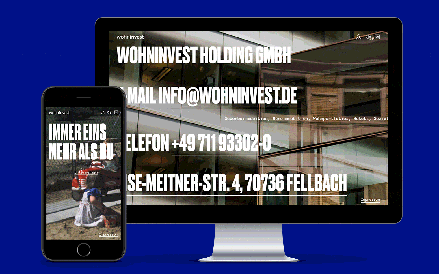 This animated gif shows the redesigned homepage in the mobile and the desktop view of the Wohninvest Holding GmbH.
