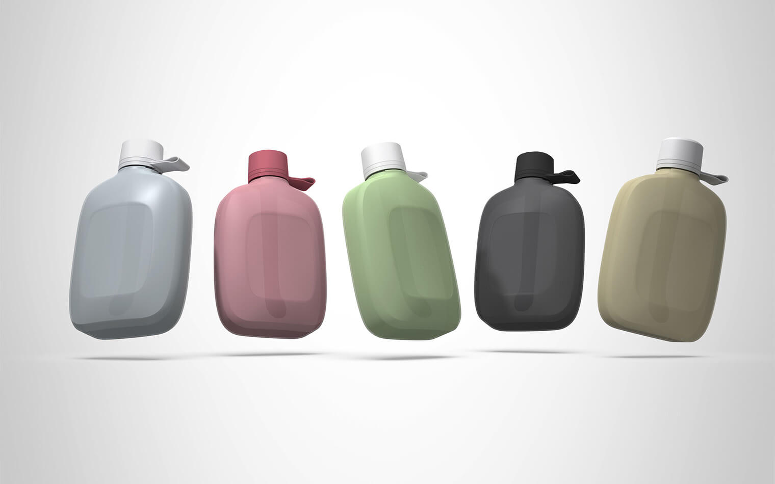 Five color variants of mobile bidet Purpo: gray, red, green, black and yellow.