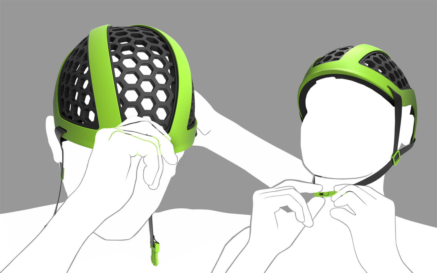 Dieses Bild zeigt unterschiedliche Phasen des Aufziehens des Helmes.