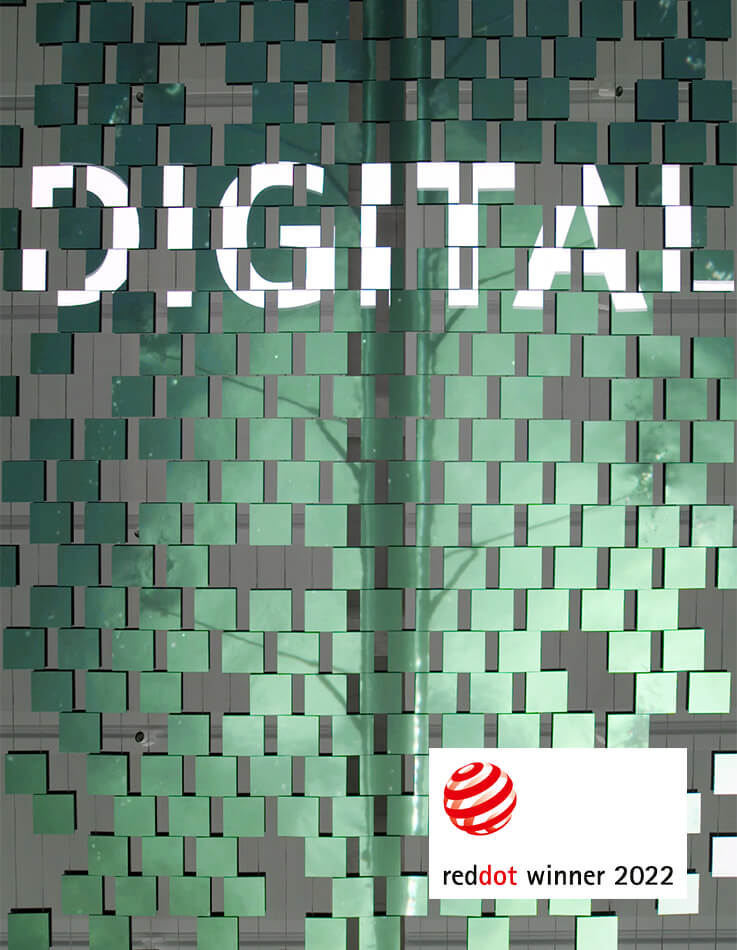 Digital art installation Wilo Connected from below with the Red Dot Award 2022 logo and the representation of the Germany Eight.