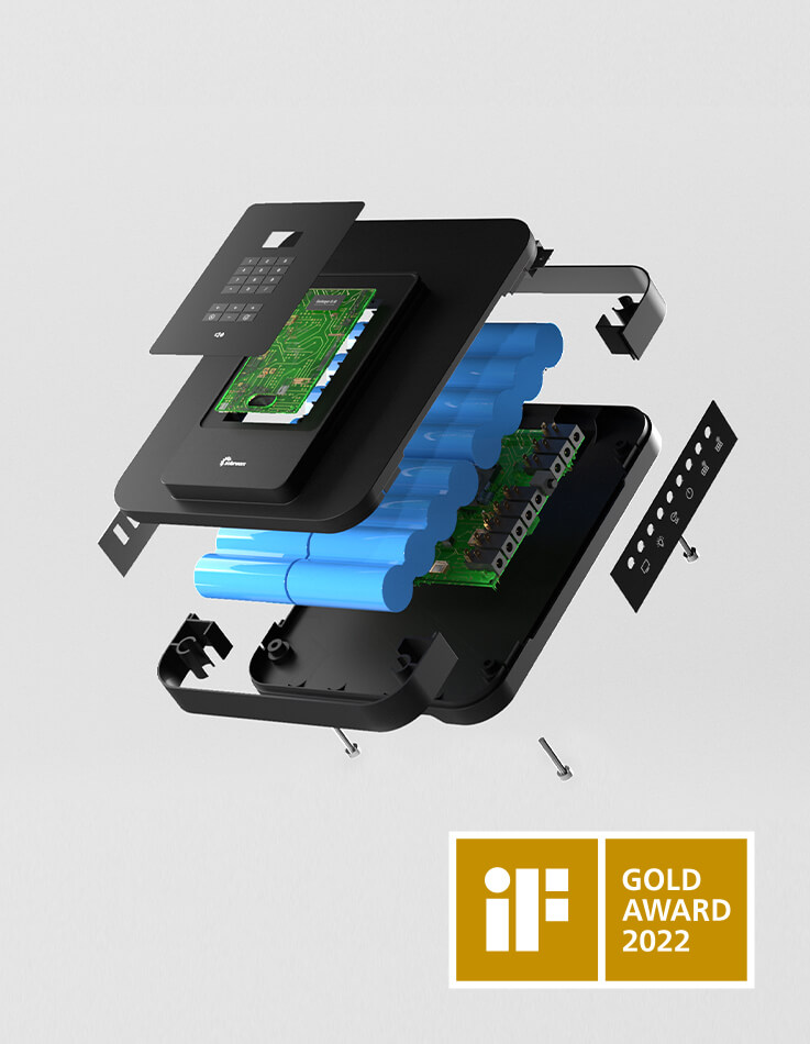 This image shows an exploded view of the Solego 2.0 product with the iF Design Award 2022 Gold.