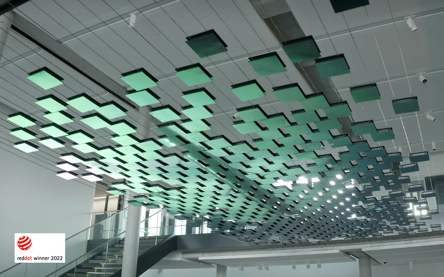 In this picture, the digital art installation Wilo Connected can be seen from below.