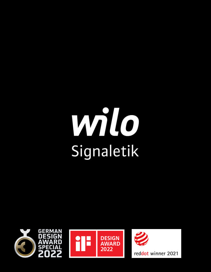 On this picture you can see the logos Wilo with the addition of Signaletik, German Design Award 2022, iF Design Award 2022 and Red Dot Winner 2021.