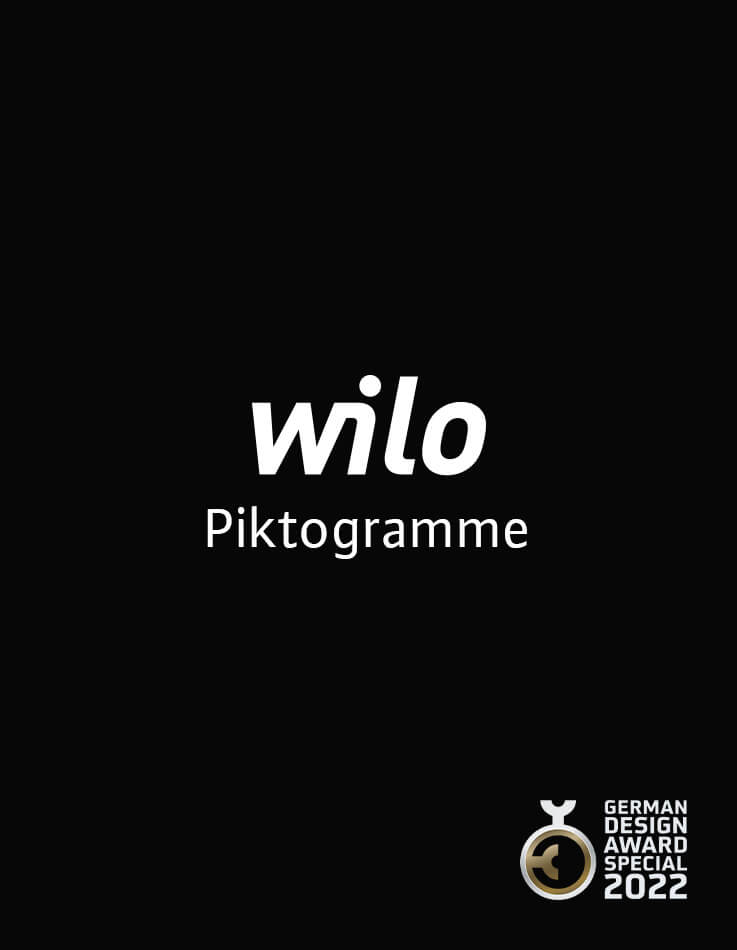 Auf diesem Bild sind das Wilo Logo mit dem Zusatz Piktogramme und das Logo German Design Award 2022 Special zu sehen.