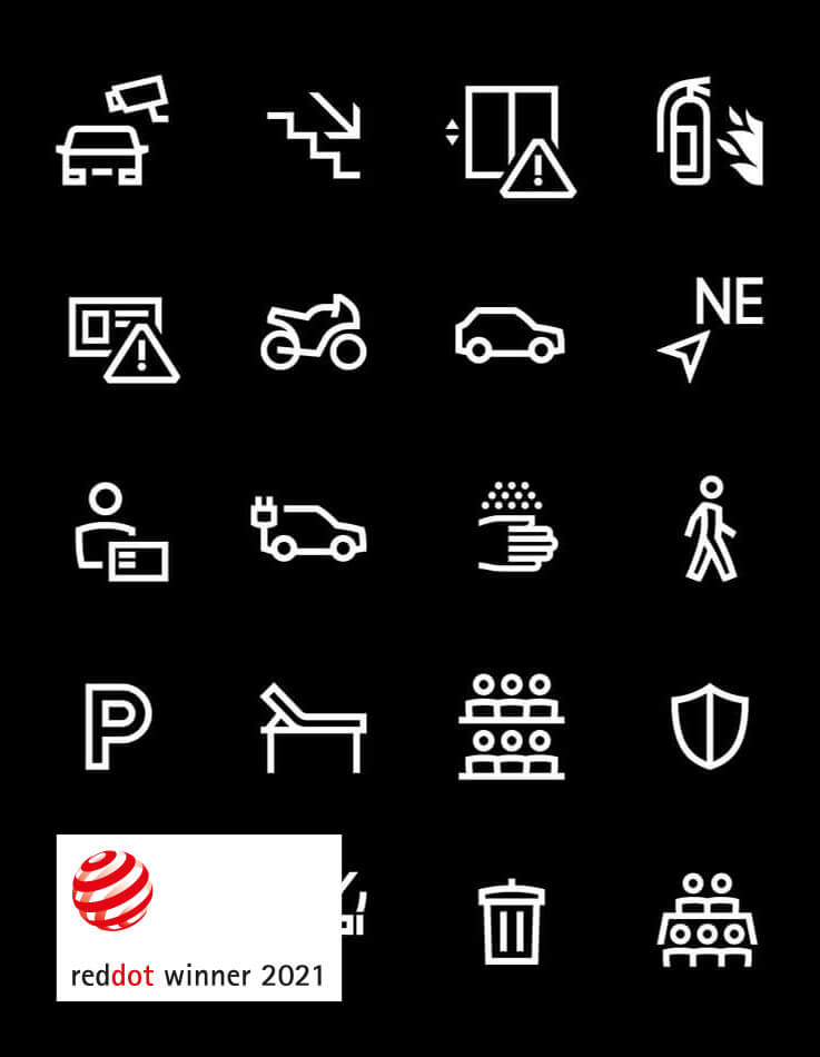 Auf diesem Bild sind mehrere Beispiele der Wilo Piktogramme mit dem Red Dot Winner 2021 Label zu sehen.
