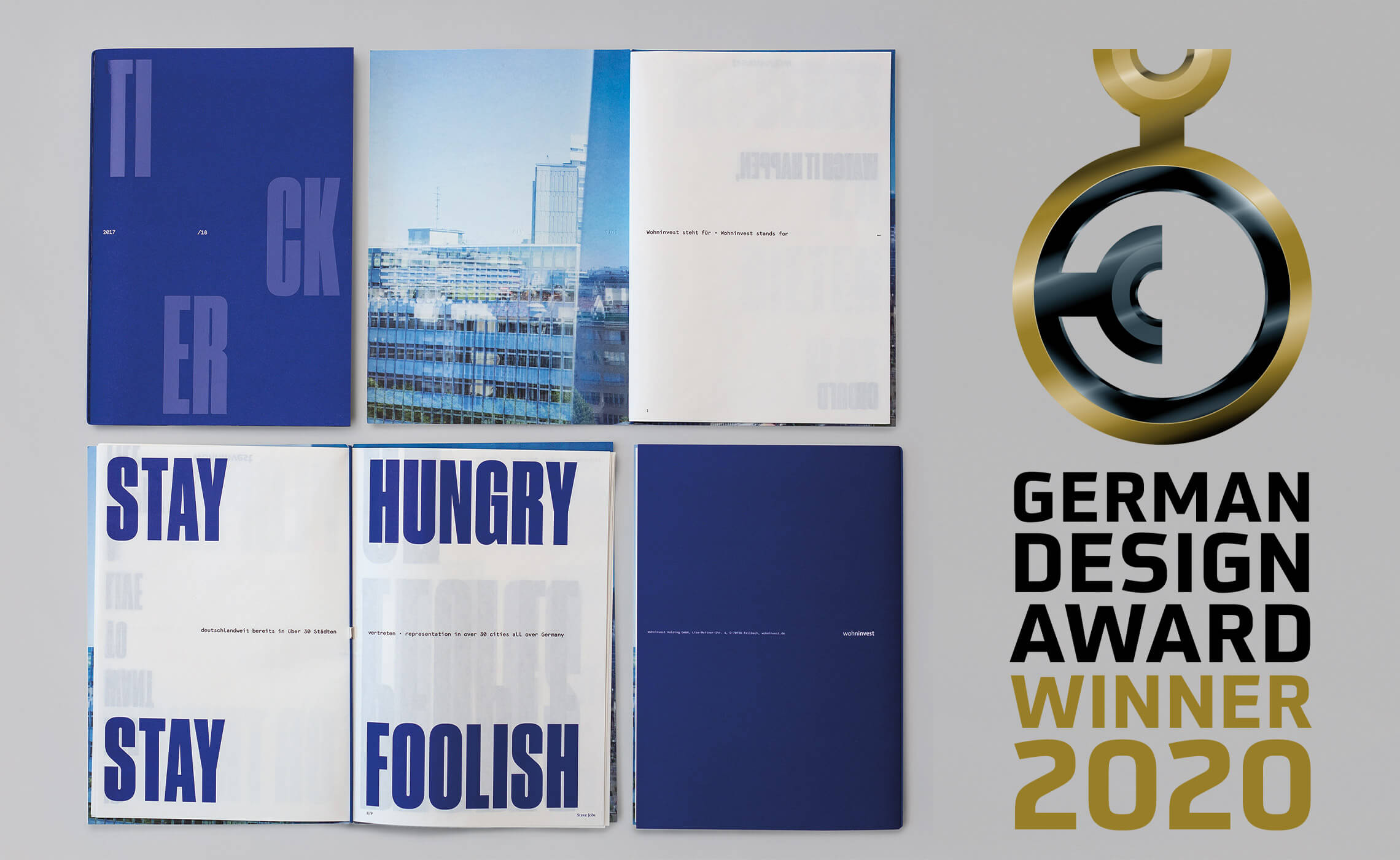 This picture shows the Wohninvest image brochure unfolded and as a unfolded poster with the logo of the German Design Award.