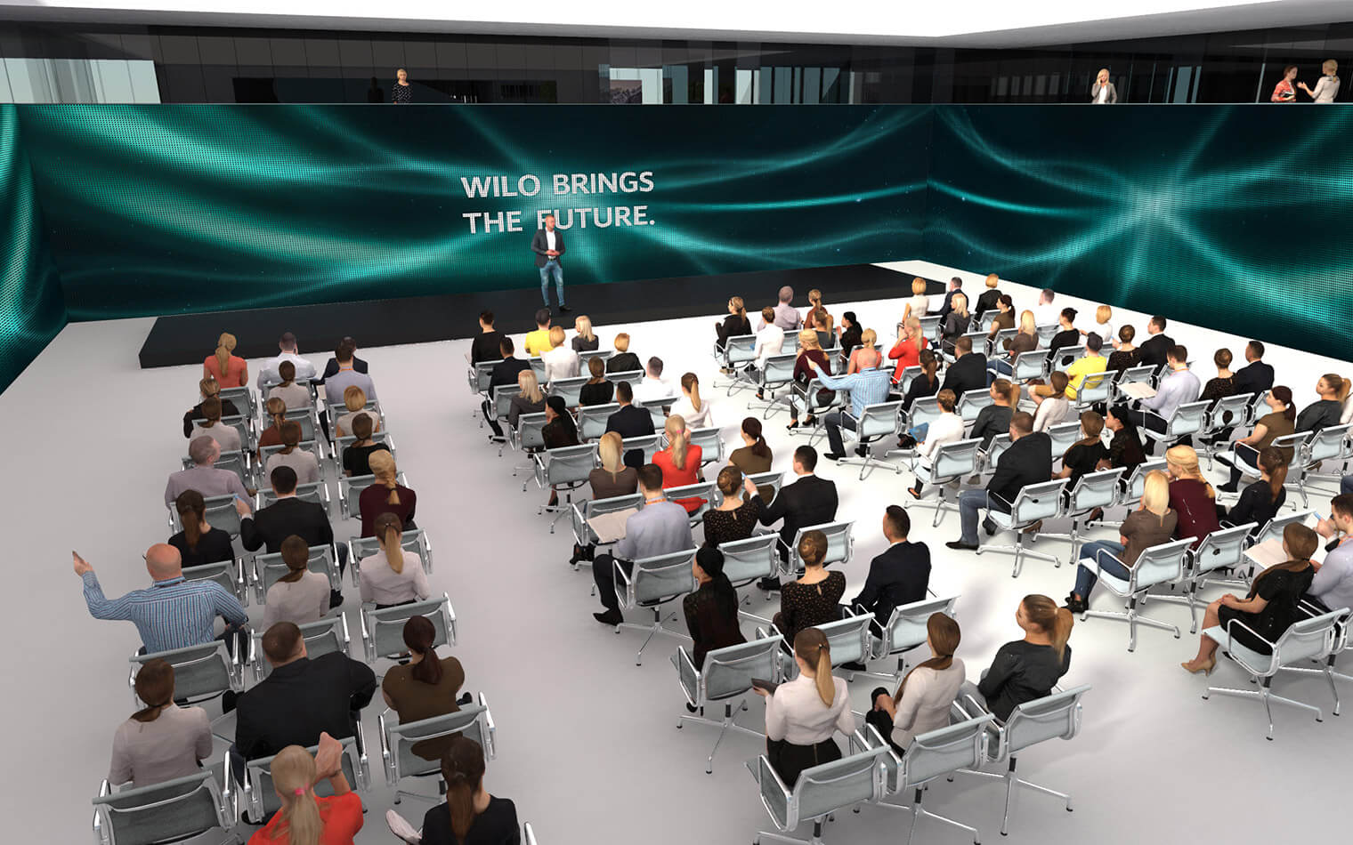 This picture shows a large presentation in the reception area of the Wilo Networking Cube building.