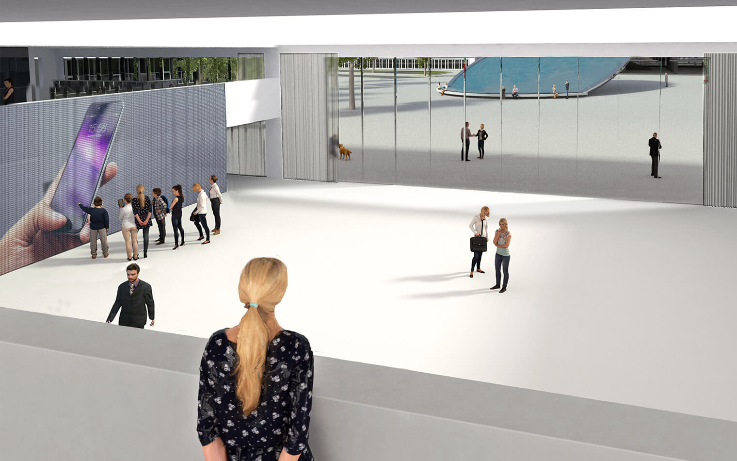 Auf diesem Bild ist der Blick von der Galerie in den Empfangsbereich des Gebäudes Wilo Networking Cube zu sehen.